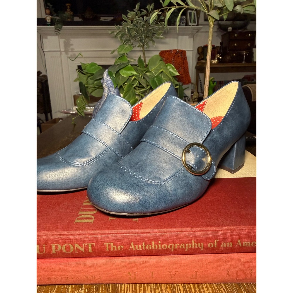 Bait Footwear Blue Faux Leather Buckle Block Heel Loafers Size 8